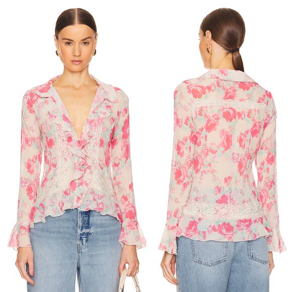 NWT Free People Bad At Love Printed Blouse In Ivory Combo Size Medium - Picture 1 of 9